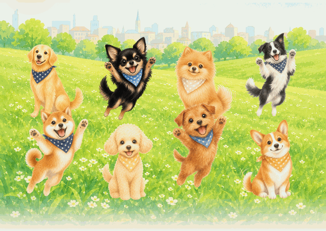 草原に集まったゴールデンレトリバー・チワワ・ポメラニアン・ボーダーコリー・柴犬・トイプードル・ノーフォークテリア・コーギーのイラスト