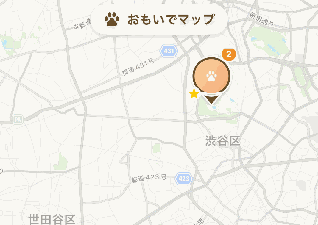 おもいでマップ。地図の上に、思い出を登録した場所のピンが立っている