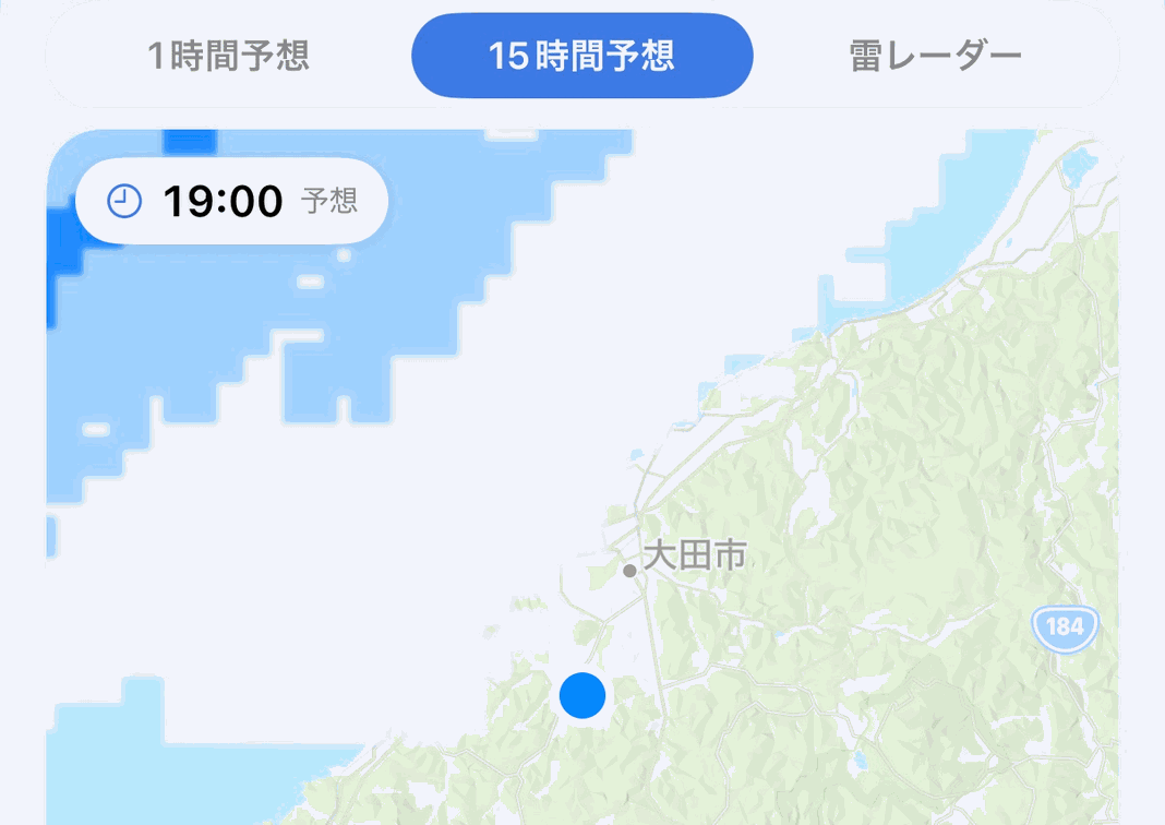 雨雲レーダーの15時間予想。19時の雨雲の広がりが地図に重ねて表示されている